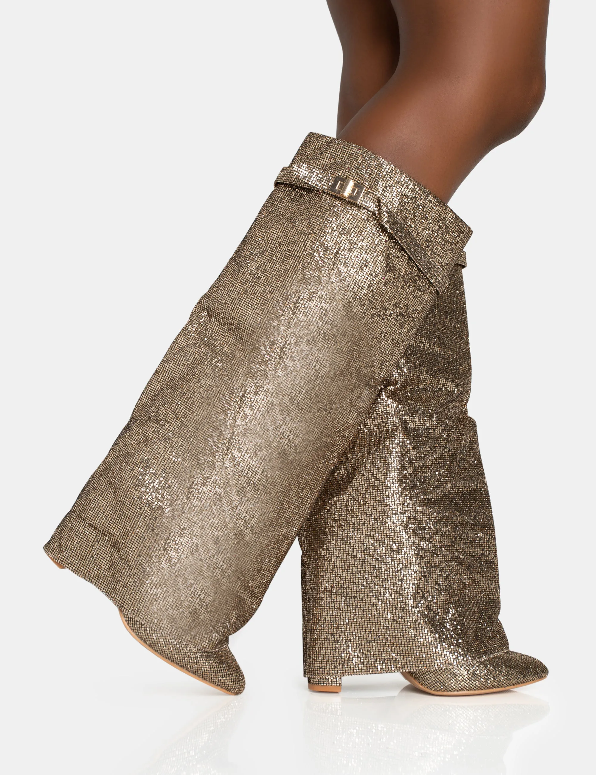 Echo Gold Glitter Twist Lock Detail Fold Over Pointed Toe Knee High Boots sold by Public Desire