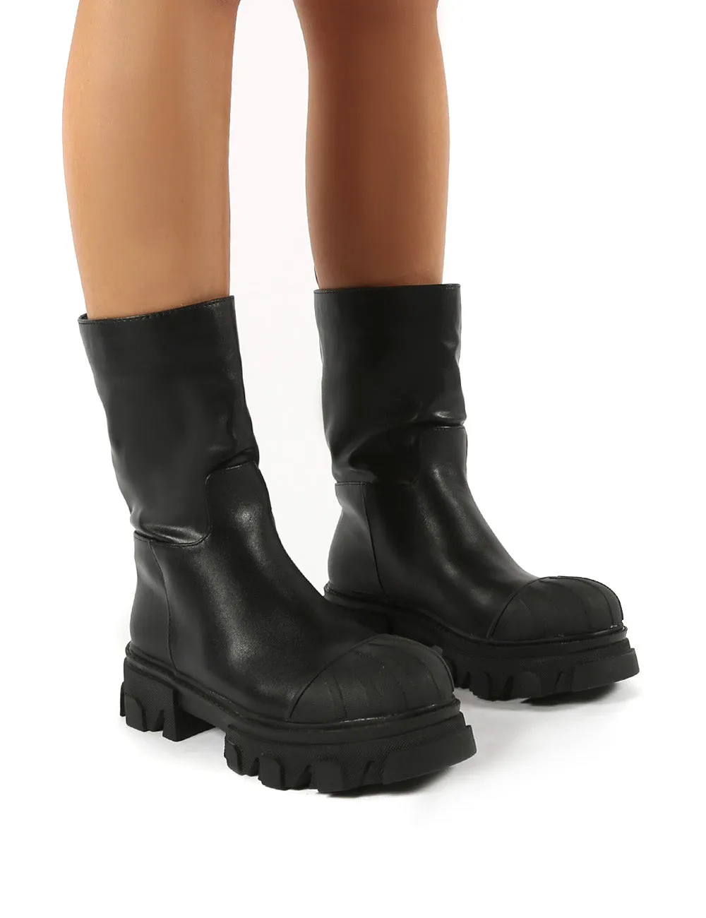 Showdown Black Calf High Chunky Sole Boots sold by Public Desire