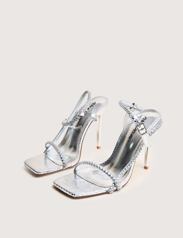 Last Night Silver Snake Pu Diamante Strap Stiletto High Heels made by Public Desire