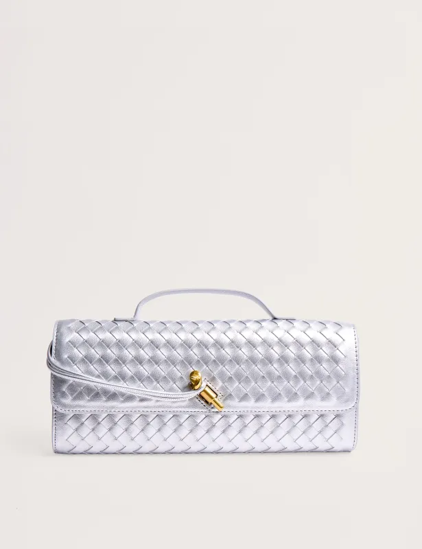 The Rose Metallic Silver Weave Rectangle Clutch Bag sold by Public Desire