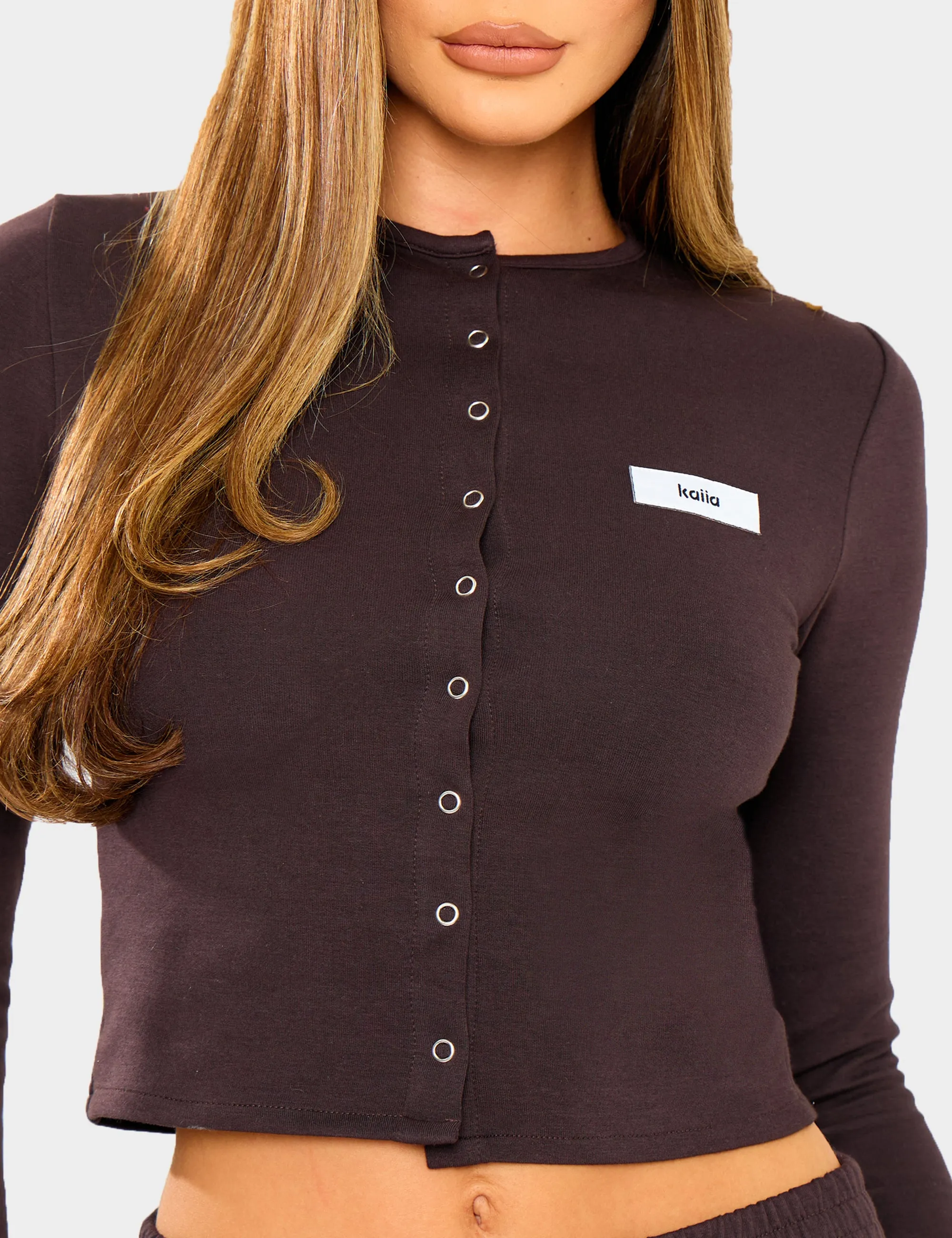 Kaiia Label Logo Premium Interlock Button Down Long Sleeve Top Dark Brown sold by Public Desire product image thumbnail 4