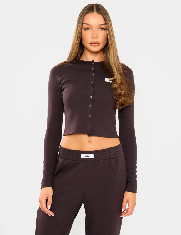 Kaiia Label Logo Premium Interlock Button Down Long Sleeve Top Dark Brown made by Public Desire