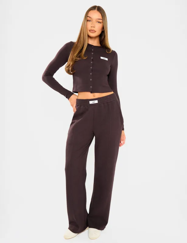 Kaiia Label Logo Premium Interlock Seam Detail Wide Leg Joggers Dark Brown sold by Public Desire