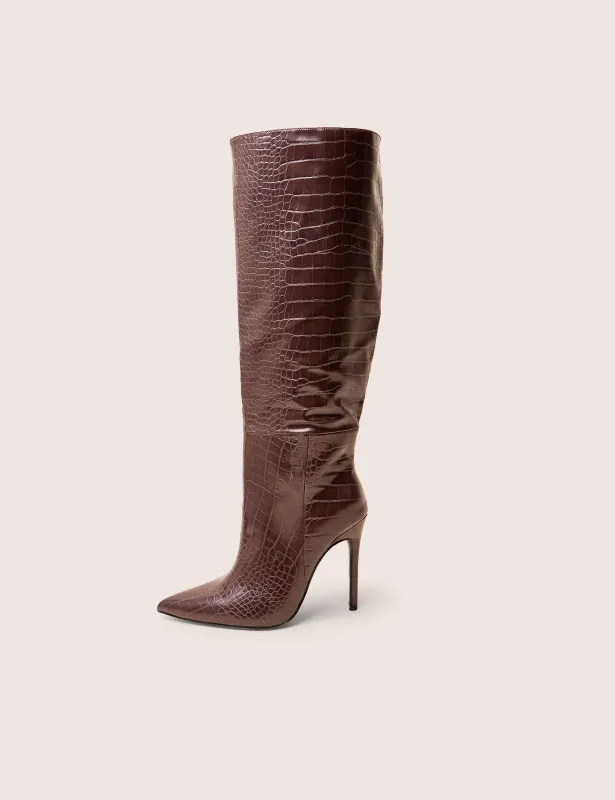 Nova Chocolate Brown Croc Knee High Stiletto Boots made by Public Desire