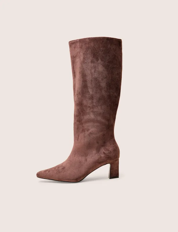 Boomer Brown Suedette Pointed Toe Knee High Mid Heel Boots sold by Public Desire