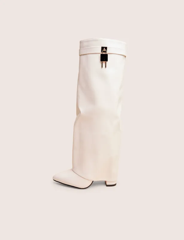 Reese White Fold Over Pu Knee High Boots made by Public Desire