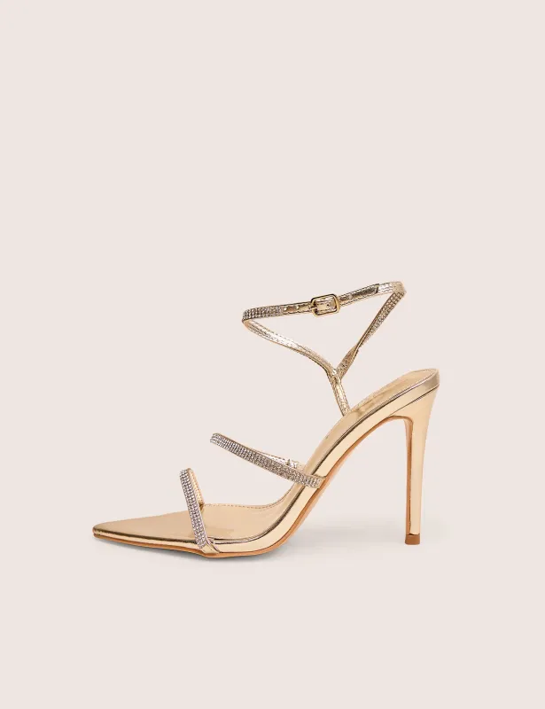 Seductive Gold Mirror Pu Diamante Strap Pointed Toe Stiletto High Heels sold by Public Desire