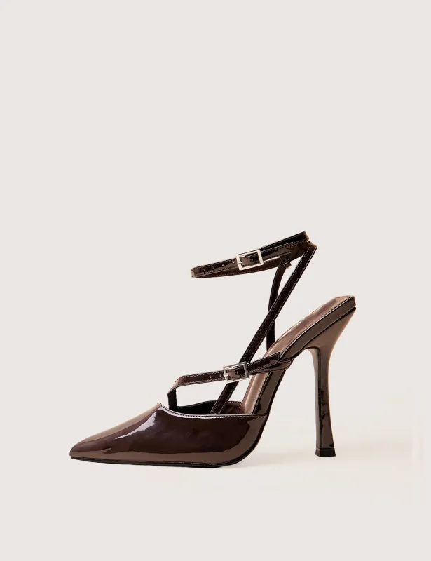 Idol Dark Chocolate Patent Buckle Strappy Detail Stiletto Court High Heels sold by Public Desire