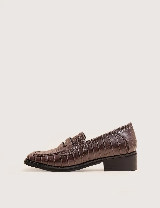 Decaf Brown Croc Square Toe Penny Loafer sold by Public Desire