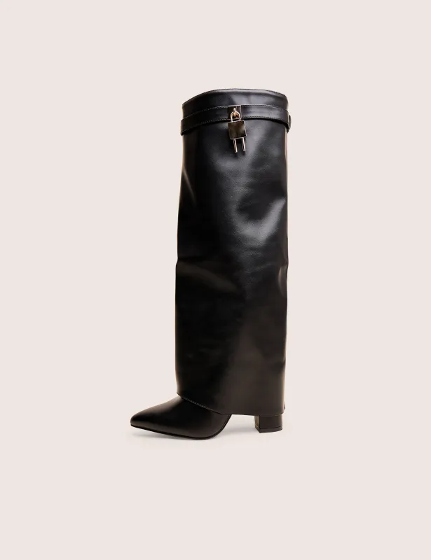 Reese Black Fold Over Pu Knee High Boots made by Public Desire