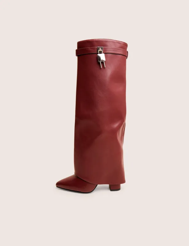Reese Burgundy Fold Over Pu Knee High Boots made by Public Desire