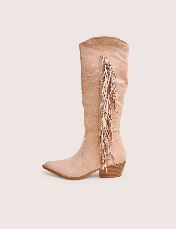 Tucker Beige Faux Suede Knee High Tassle Detail Western Boots sold by Public Desire