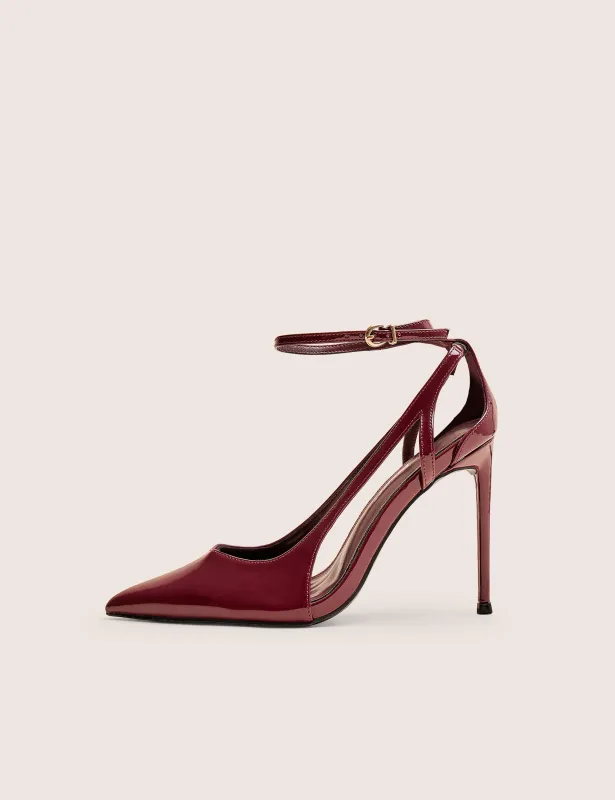 Allegedly Burgundy Patent Cut Out Detail Ankle Strap Court Shoes sold by Public Desire