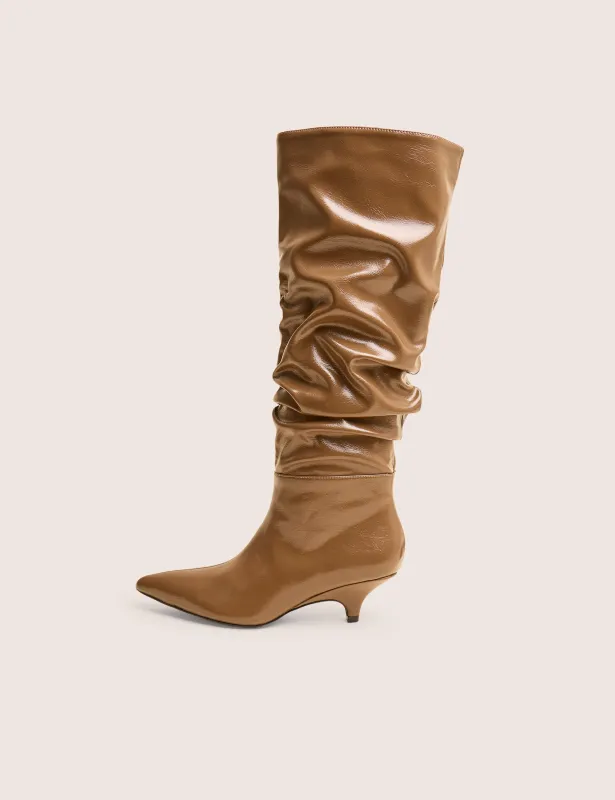 La Dolce Vita Taupe Ruched Kitten Heel Knee High Boots sold by Public Desire