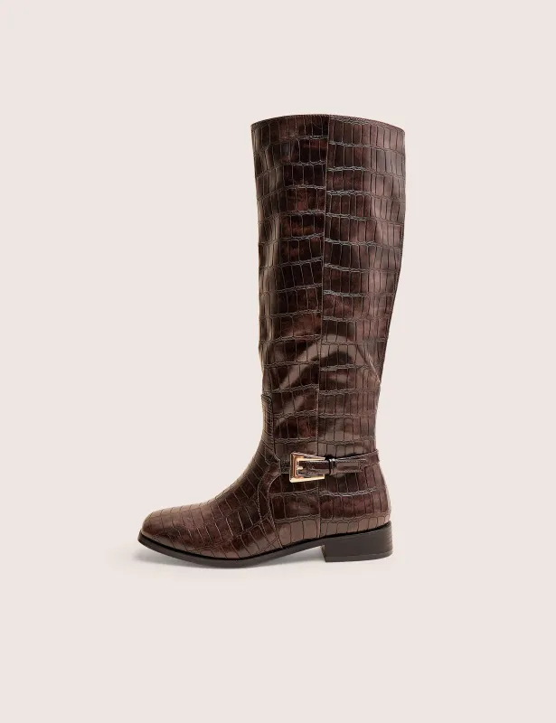 Mackie Brown Croc Buckle Detail Knee High Riding Boot sold by Public Desire