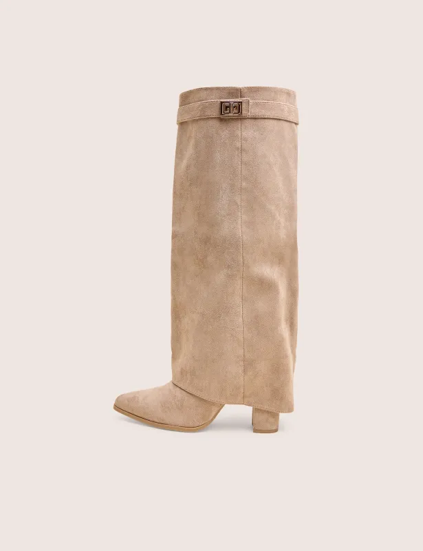 Say Yes Beige Faux Suede Padlock Fold Over Knee High Boots made by Public Desire