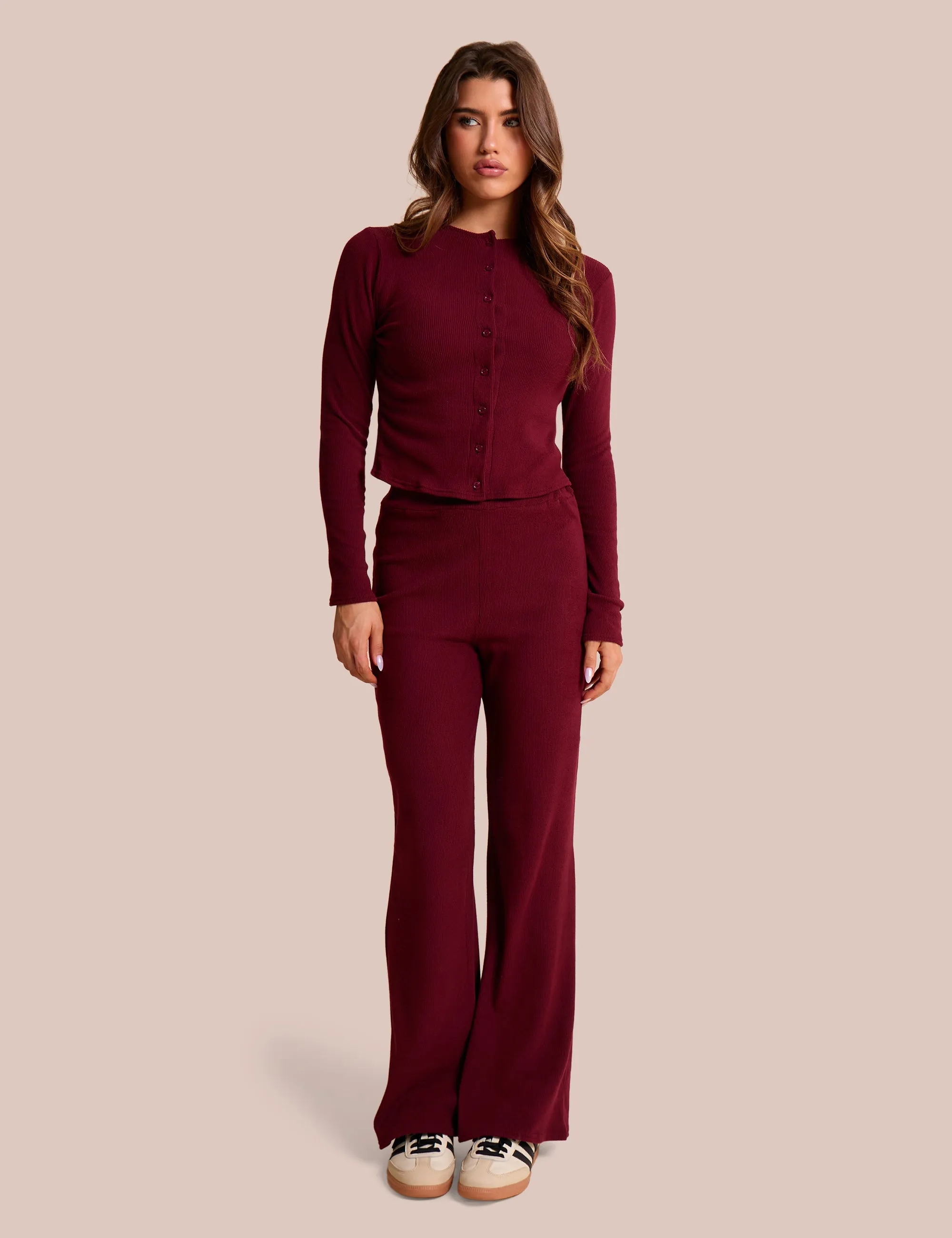 High Waist Rib Wide Leg Trouser Burgundy sold by Public Desire