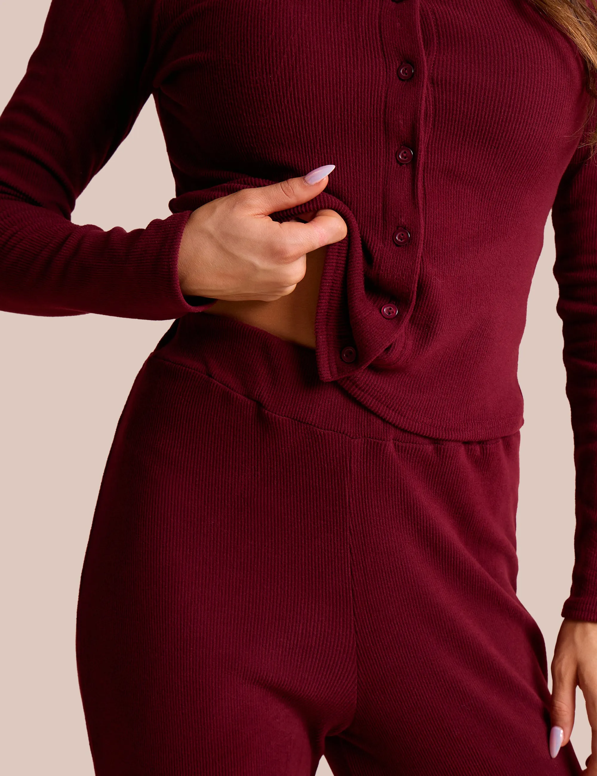 High Waist Rib Wide Leg Trouser Burgundy sold by Public Desire product image thumbnail 4