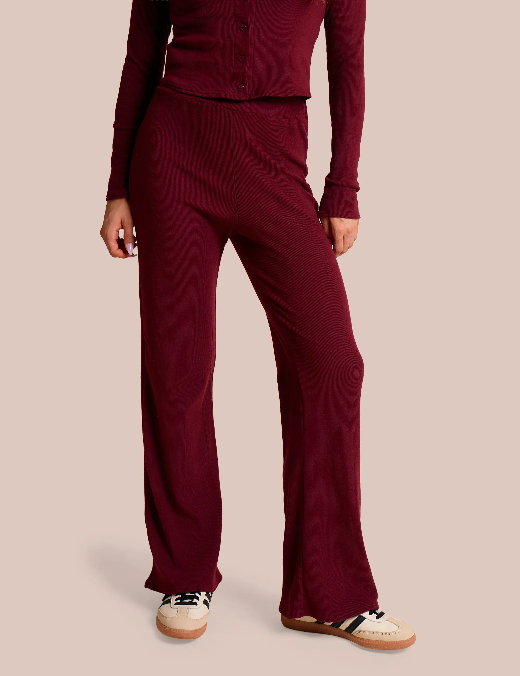 High Waist Rib Wide Leg Trouser Burgundy sold by Public Desire product image thumbnail 2