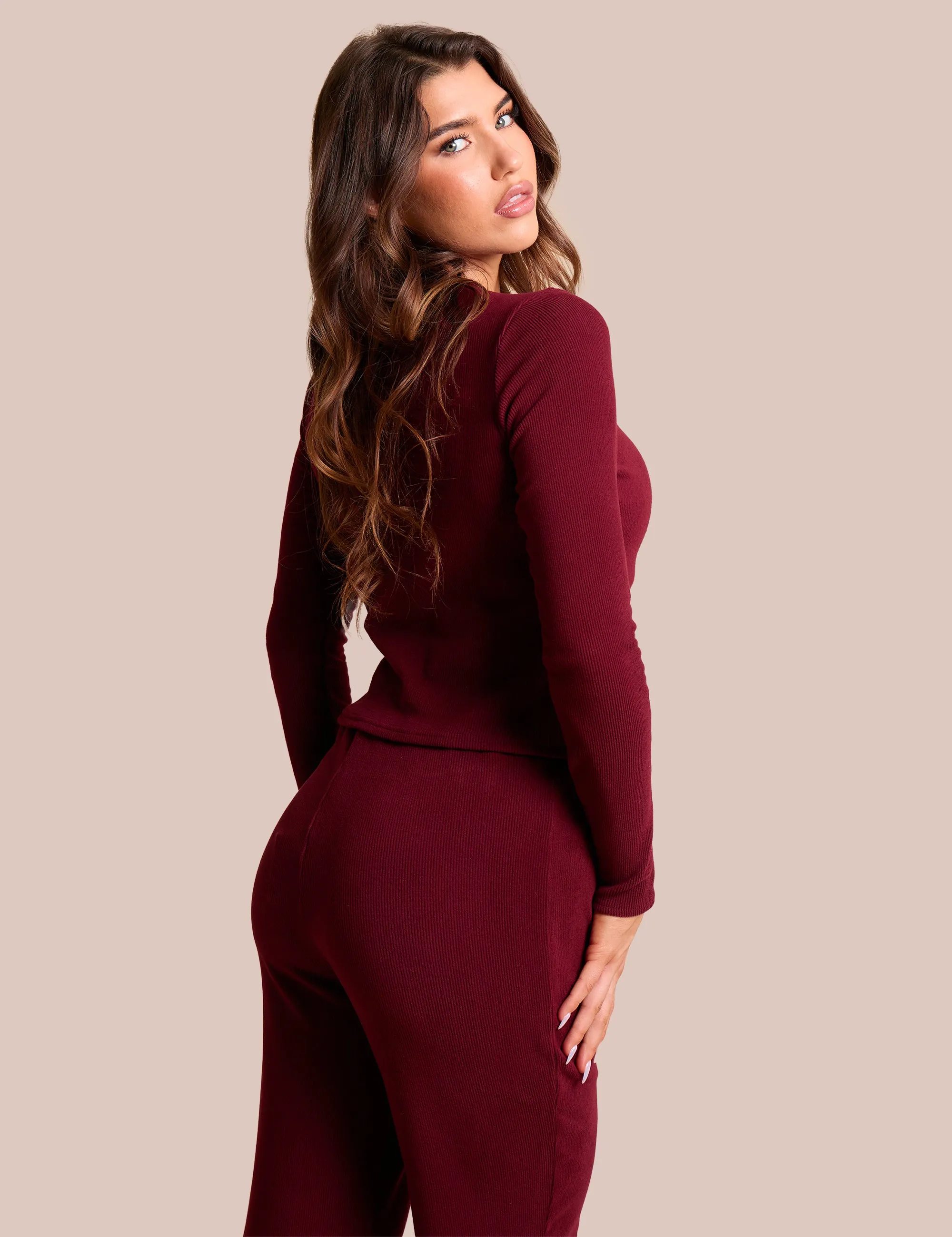 Rib Button Through Long Sleeve Top Burgundy sold by Public Desire product image thumbnail 4