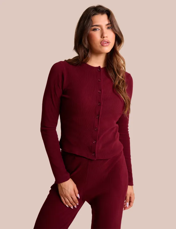 Rib Button Through Long Sleeve Top Burgundy sold by Public Desire