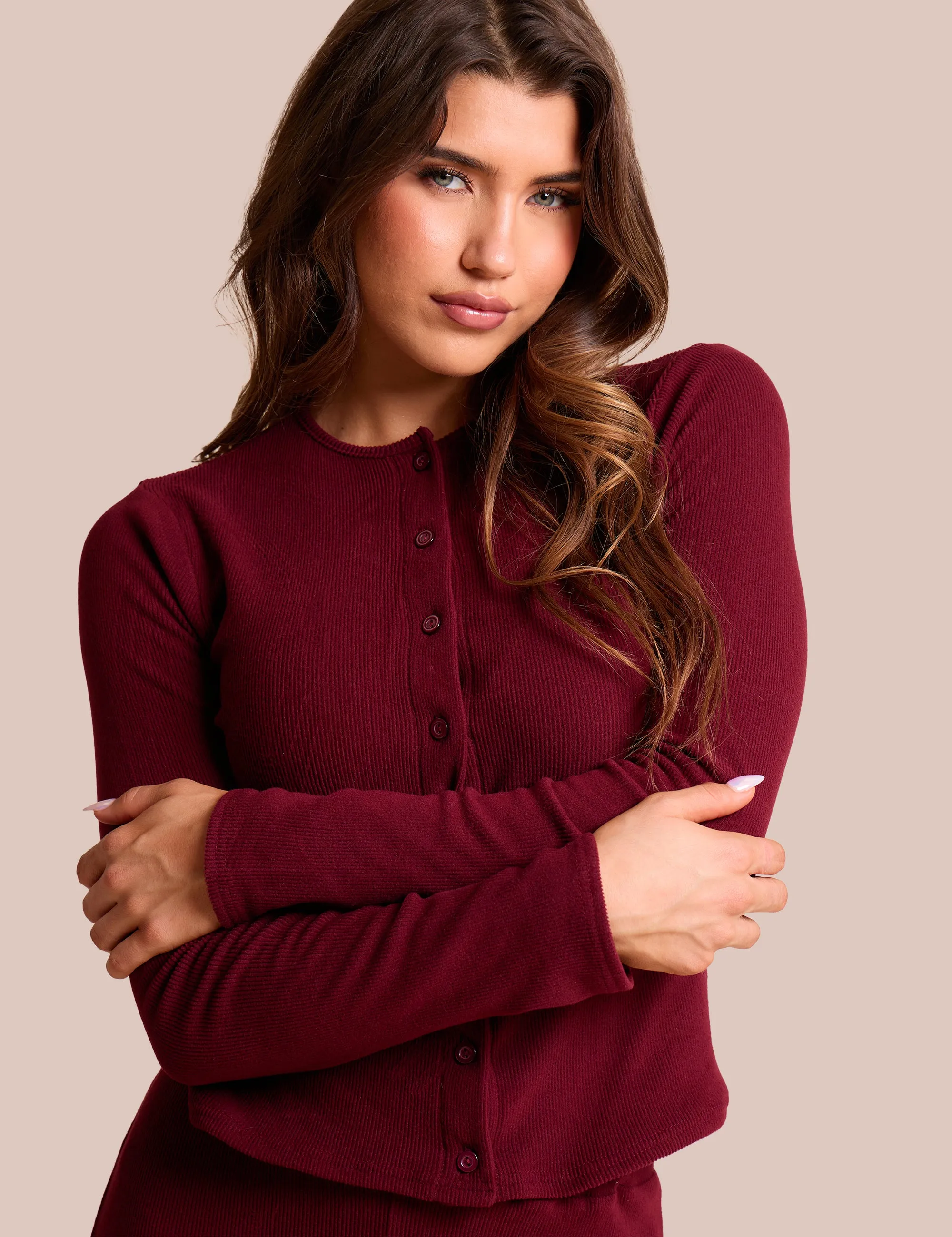 Rib Button Through Long Sleeve Top Burgundy sold by Public Desire product image thumbnail 2