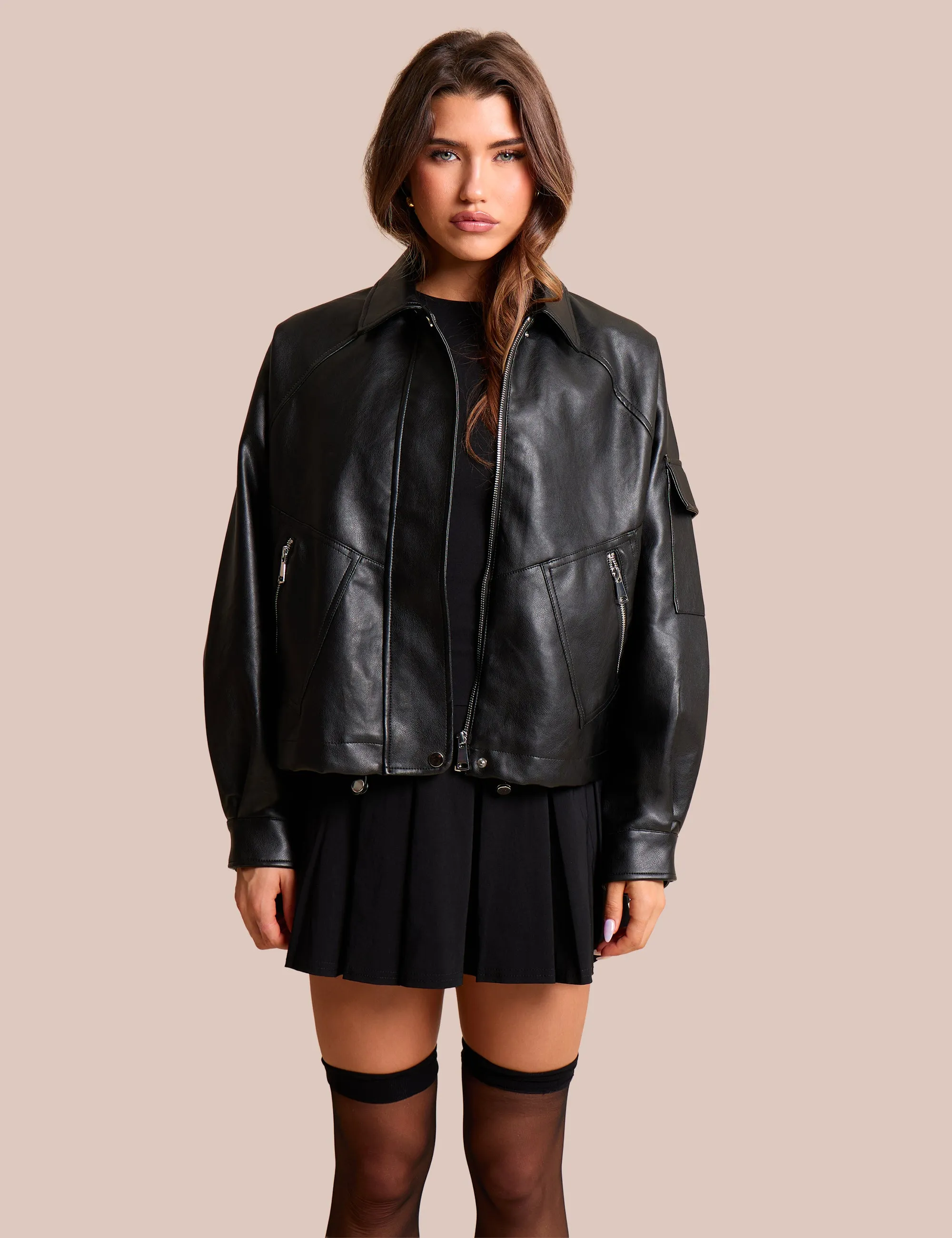 Oversized Faux Leather Biker Jacket Black sold by Public Desire