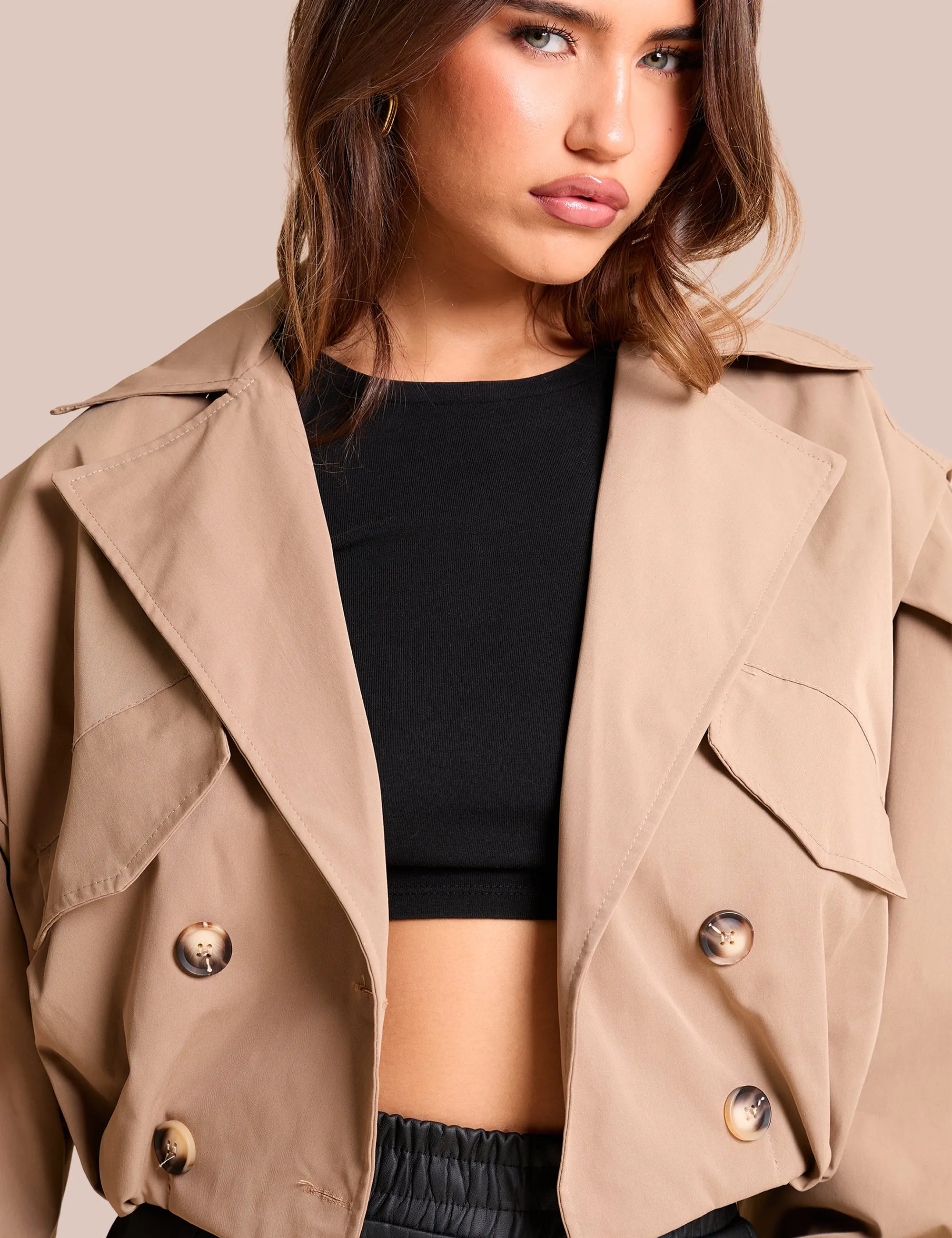 Cropped Double Breasted Trench Coat Beige sold by Public Desire product image thumbnail 2