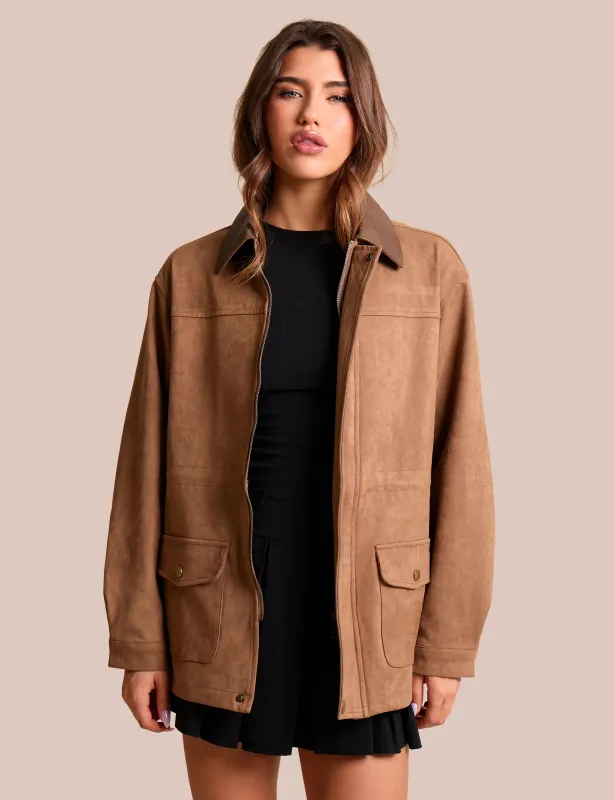 Contrast Collar Faux Suede Barn Jacket Brown sold by Public Desire