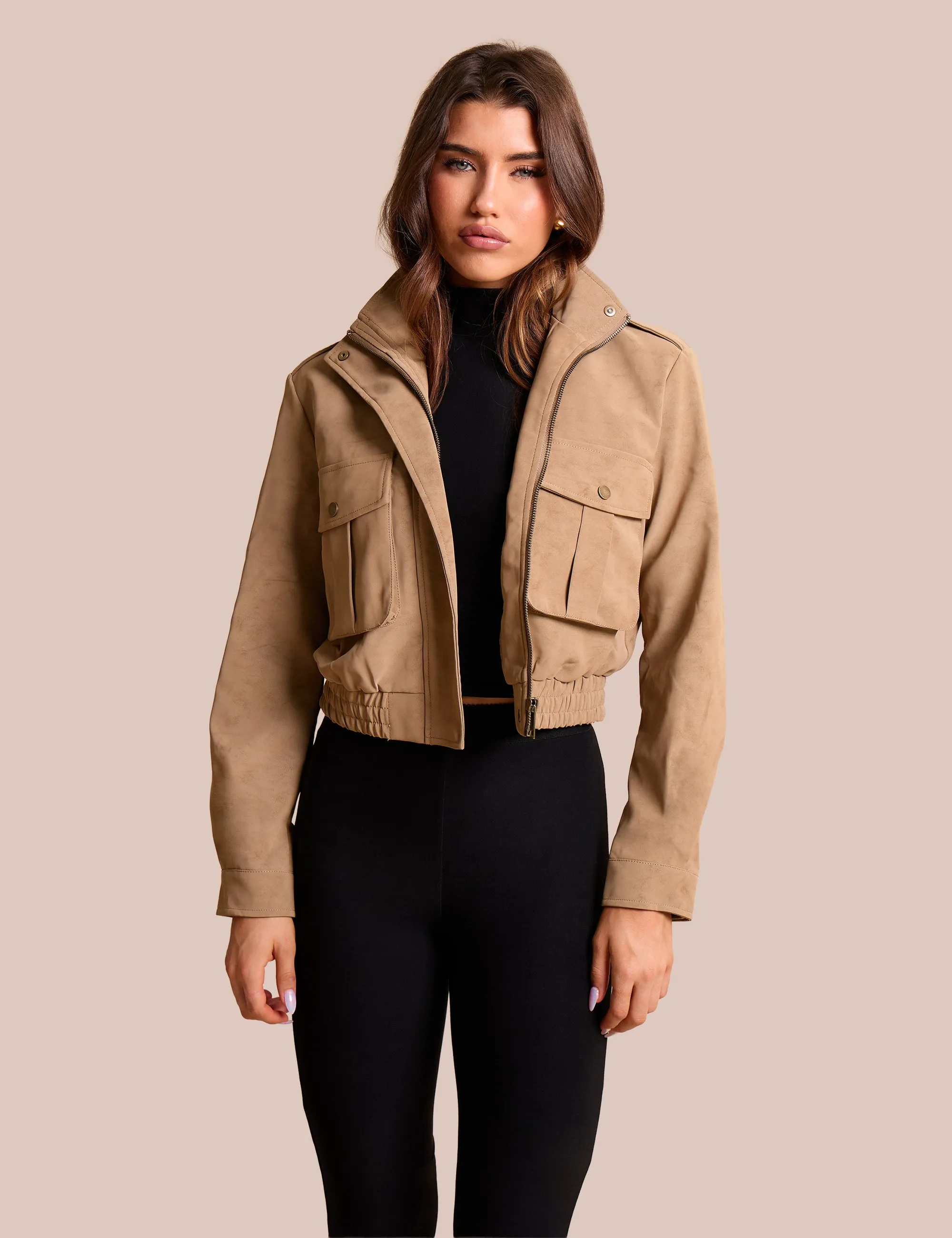 Faux Suede Cropped Bomber Jacket Beige sold by Public Desire