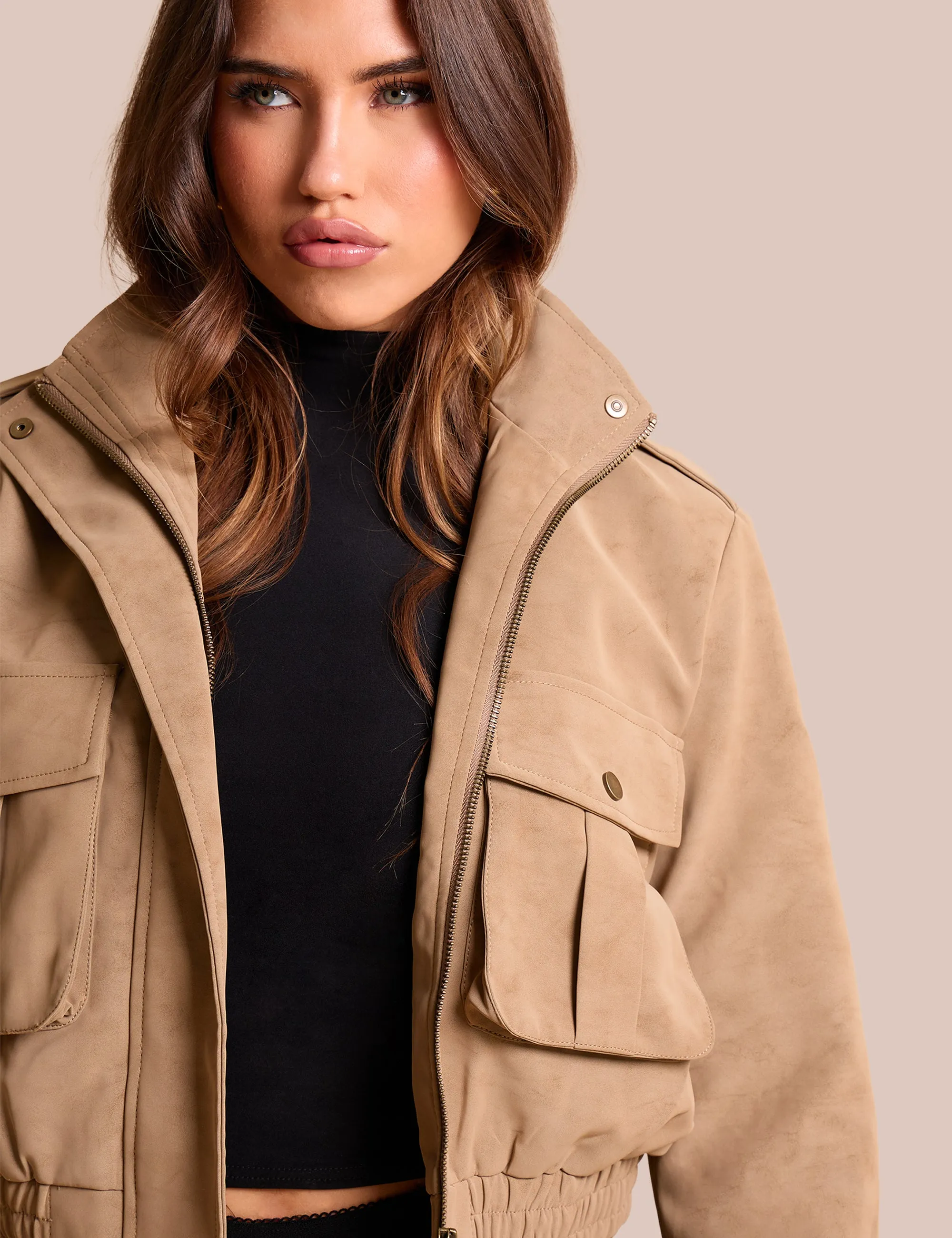 Faux Suede Cropped Bomber Jacket Beige sold by Public Desire product image thumbnail 2