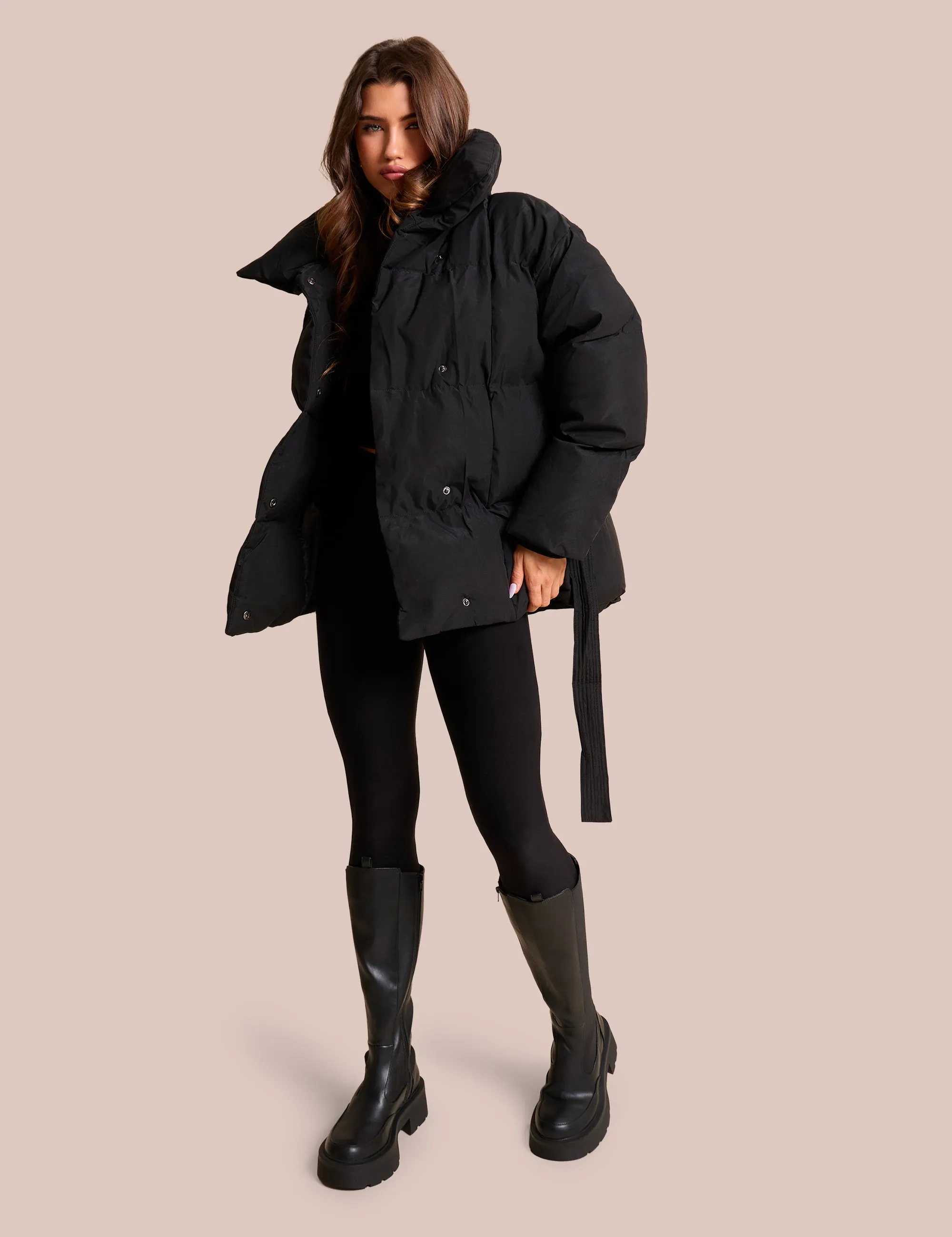 Tie Detail Short Padded Duvet Puffer Coat Black sold by Public Desire product image thumbnail 3
