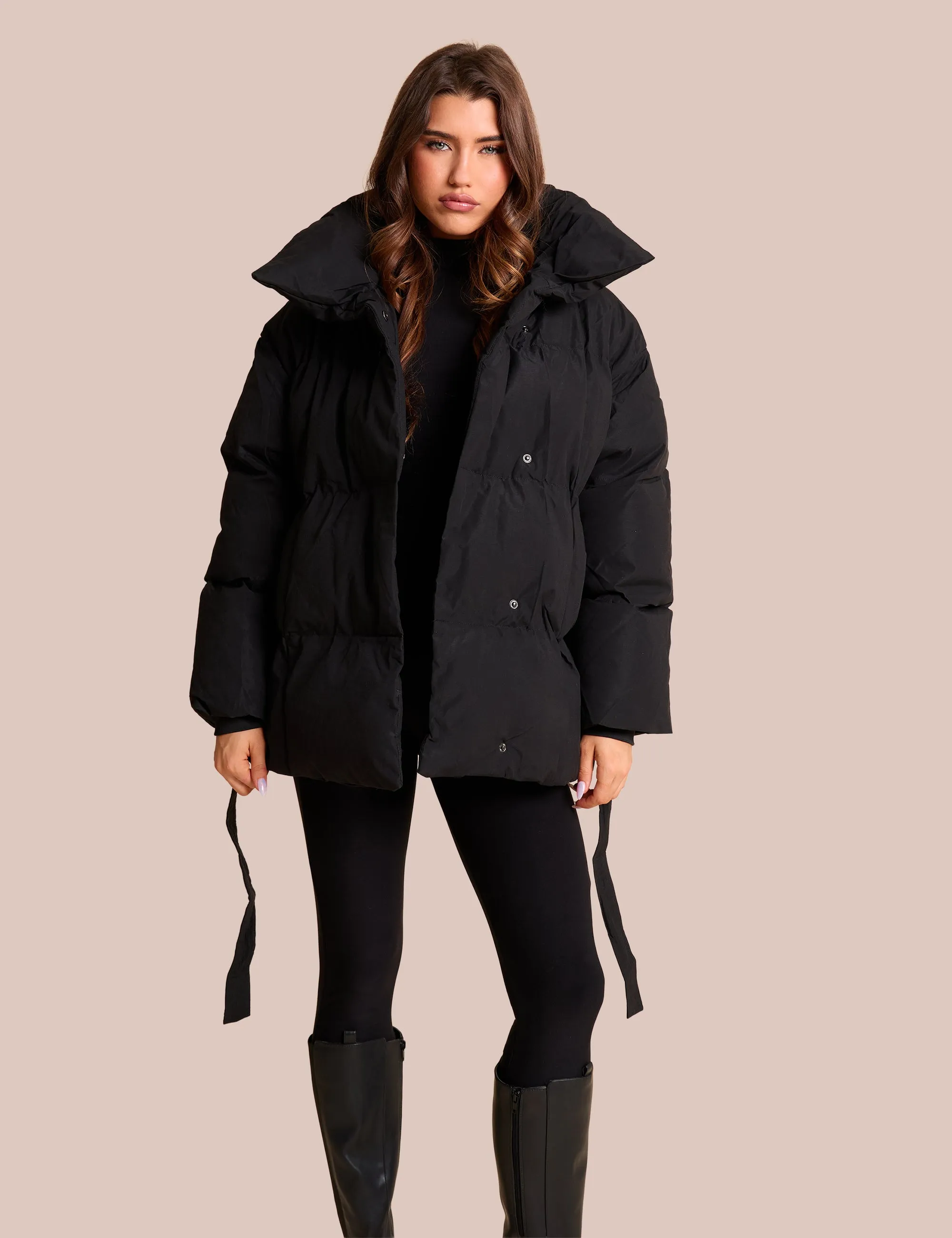 Tie Detail Short Padded Duvet Puffer Coat Black sold by Public Desire product image thumbnail 2