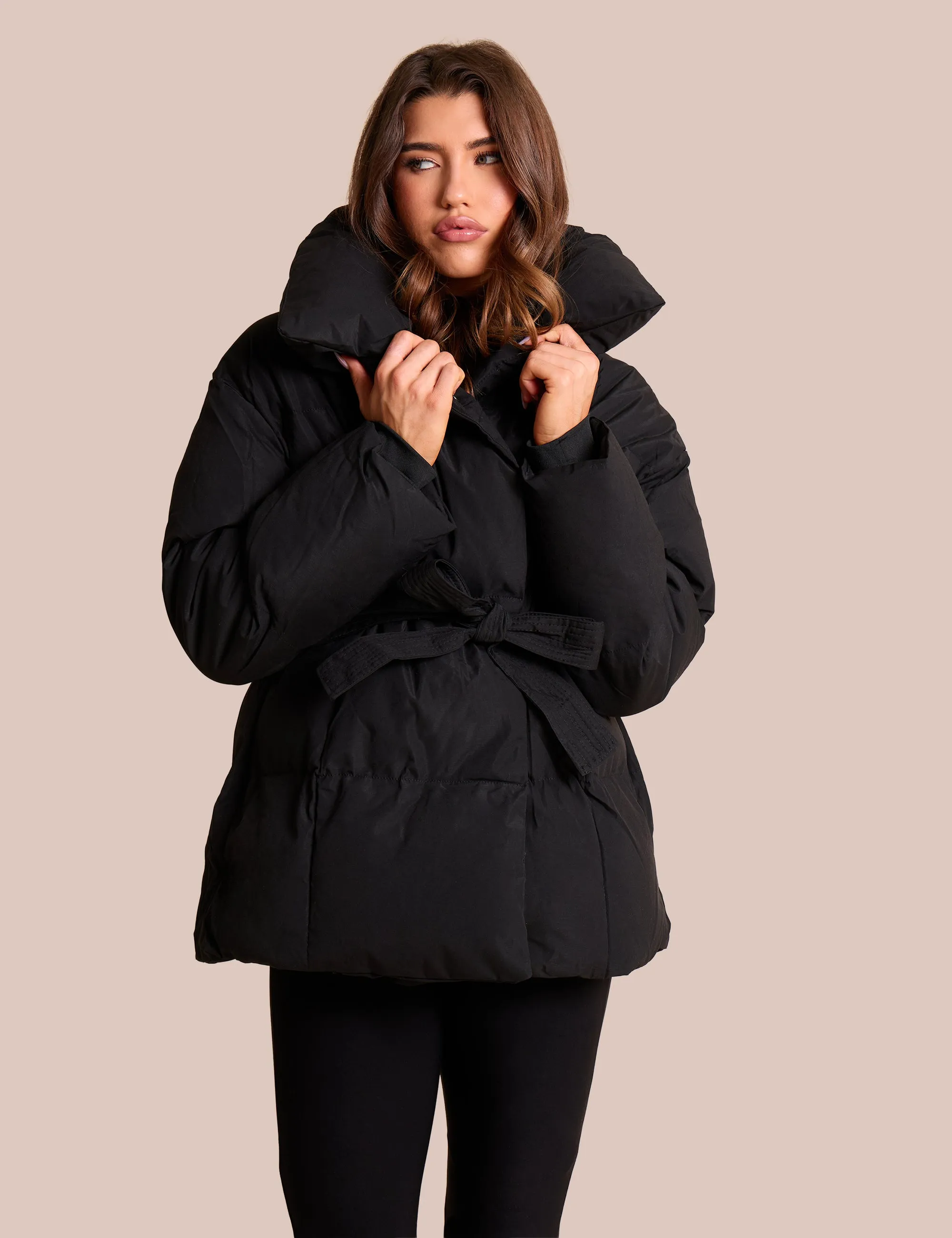 Tie Detail Short Padded Duvet Puffer Coat Black sold by Public Desire