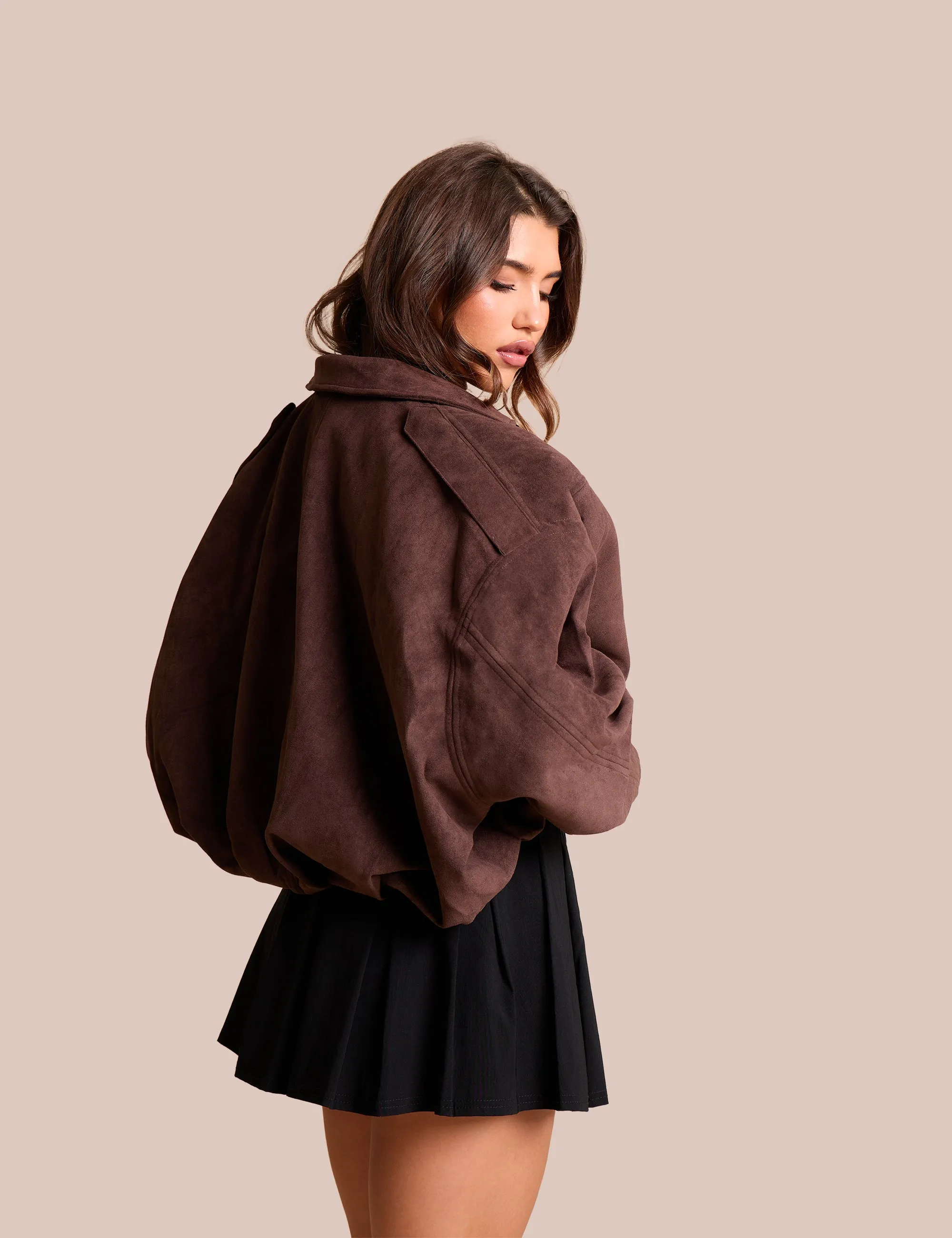 Oversized Faux Suede Bomber Jacket Chocolate sold by Public Desire product image thumbnail 4