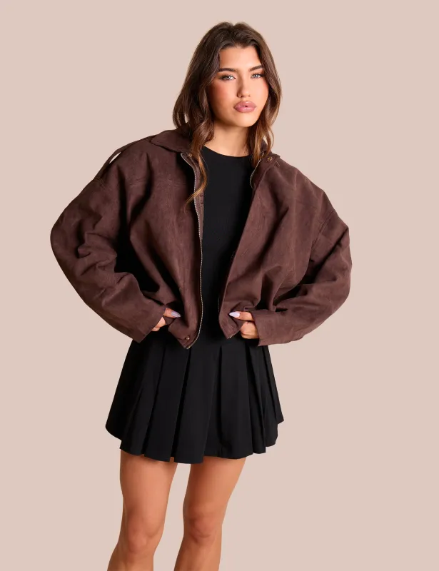 Oversized Faux Suede Bomber Jacket Chocolate sold by Public Desire