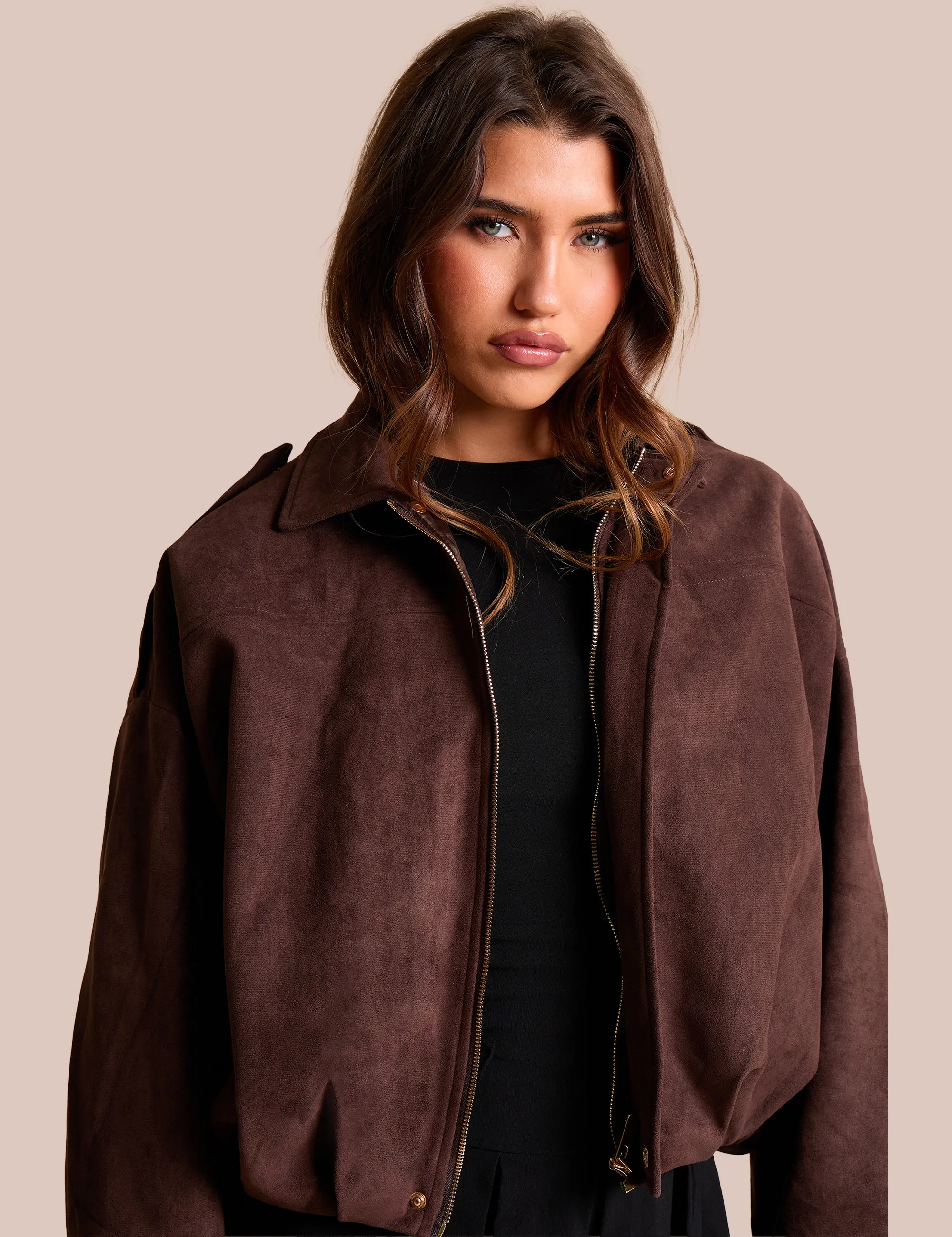Oversized Faux Suede Bomber Jacket Chocolate sold by Public Desire product image thumbnail 2