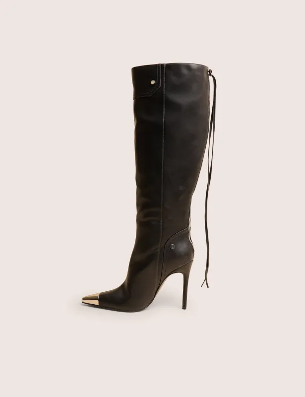 Finest Black Toe Cap Detail Pointed Knee High Boots sold by Public Desire