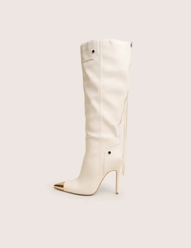 Finest White Toe Cap Detail Pointed Knee High Boots sold by Public Desire