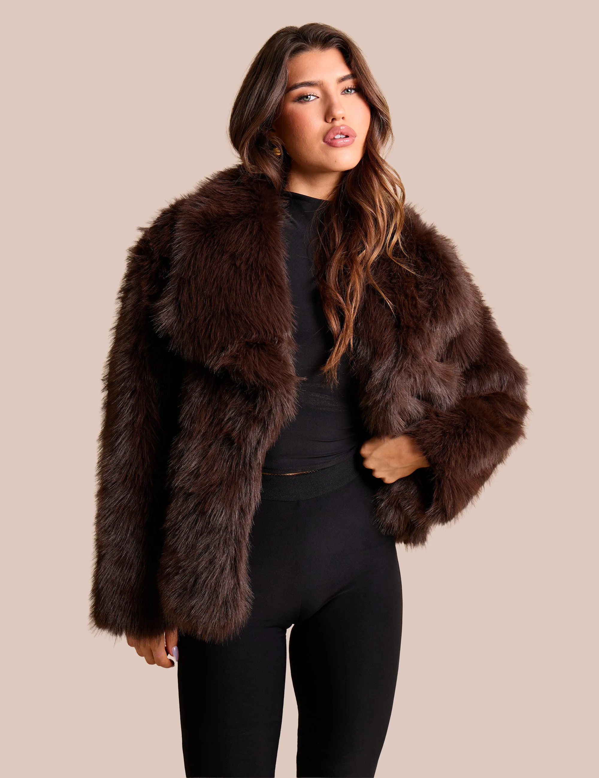 Oversized Collar Faux Fur Jacket Chocolate sold by Public Desire
