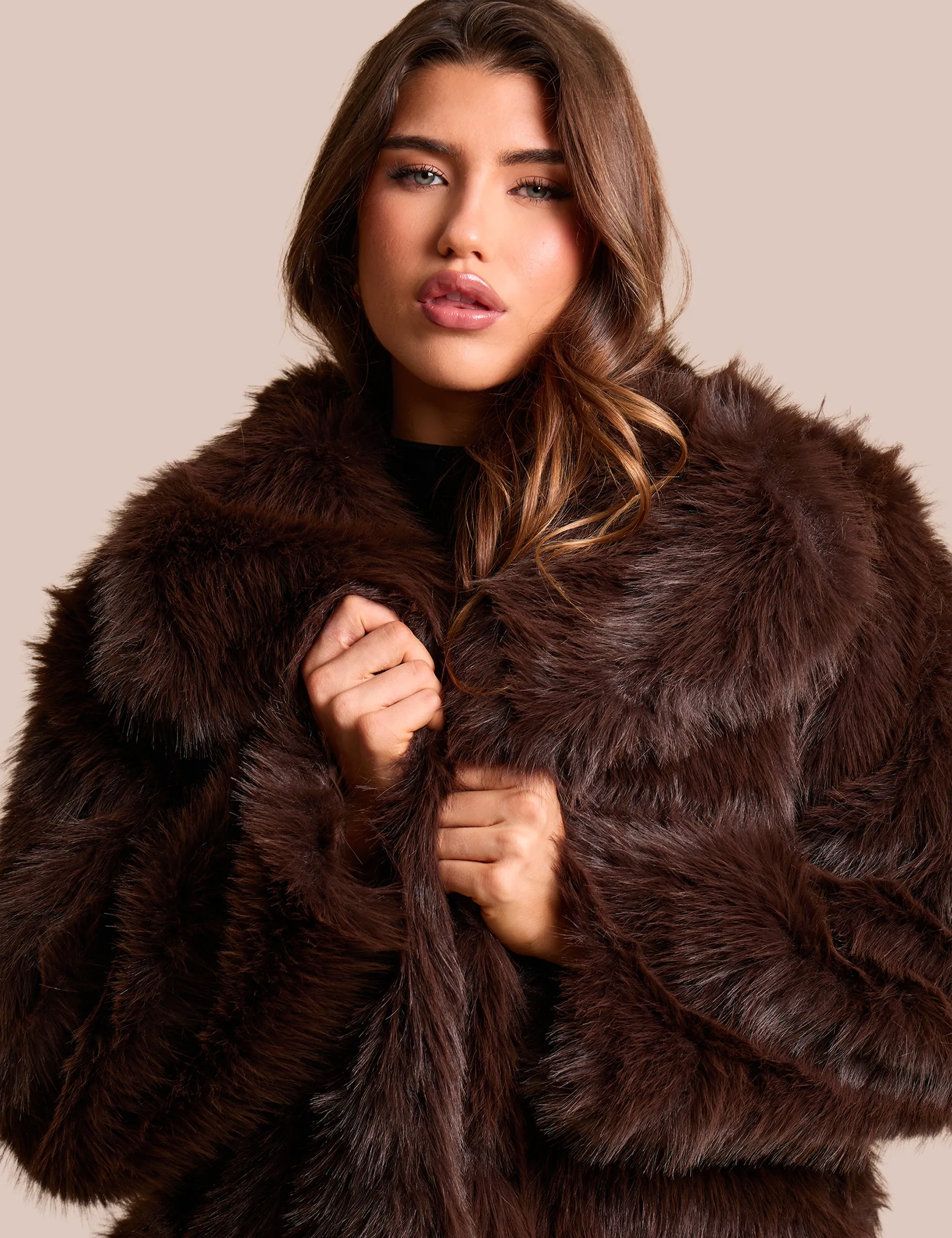 Oversized Collar Faux Fur Jacket Chocolate sold by Public Desire product image thumbnail 2
