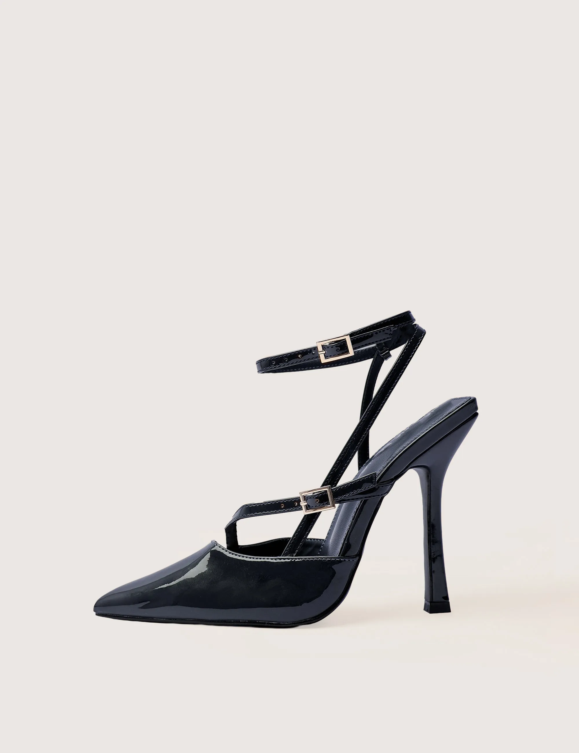 Idol Navy Patent Buckle Strappy Detail Stiletto Court High Heels sold by Public Desire