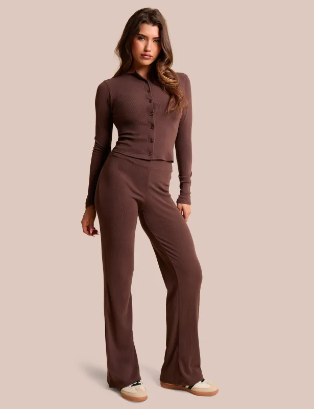 High Waist Rib Wide Leg Trouser Chocolate sold by Public Desire