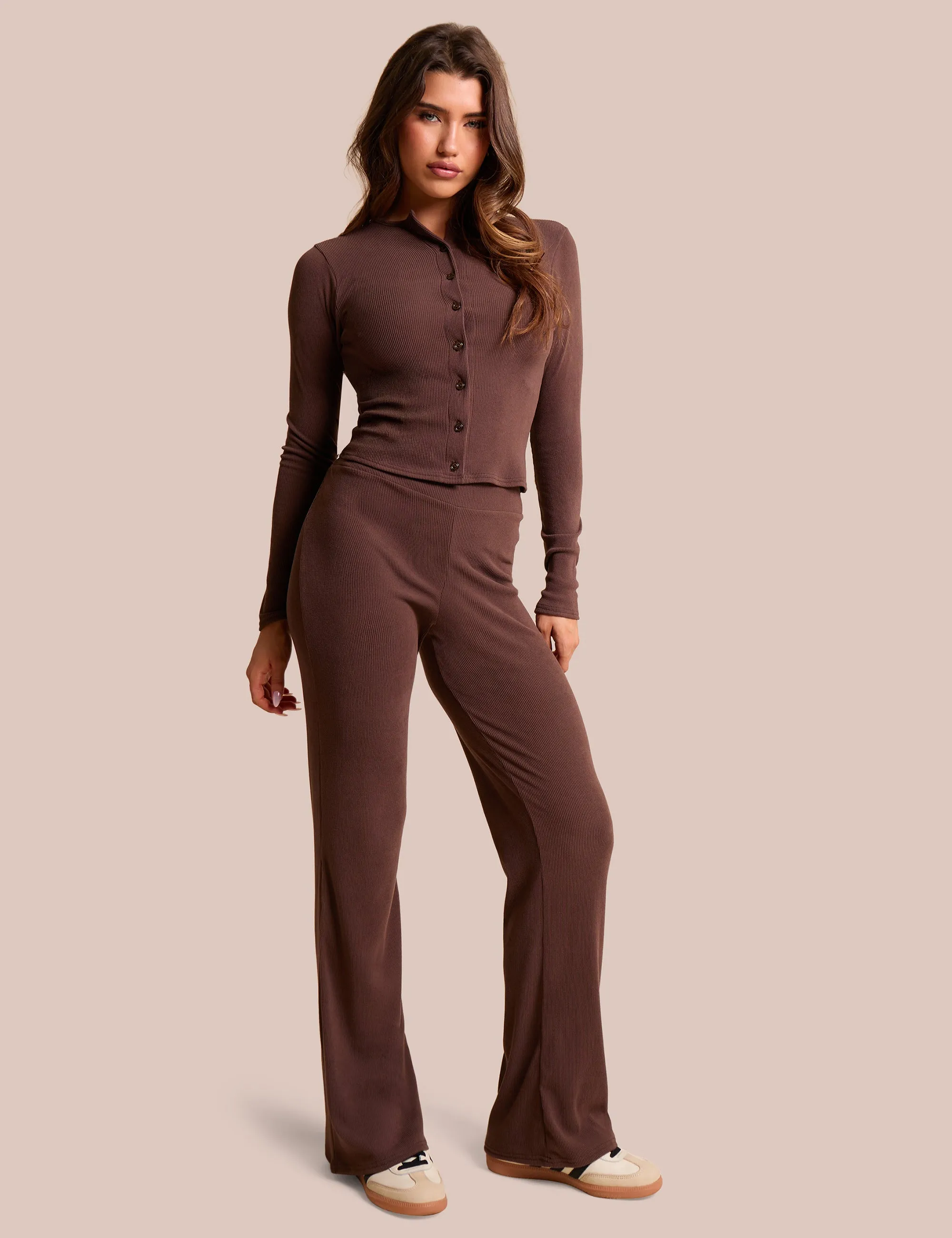 High Waist Rib Wide Leg Trouser Chocolate sold by Public Desire