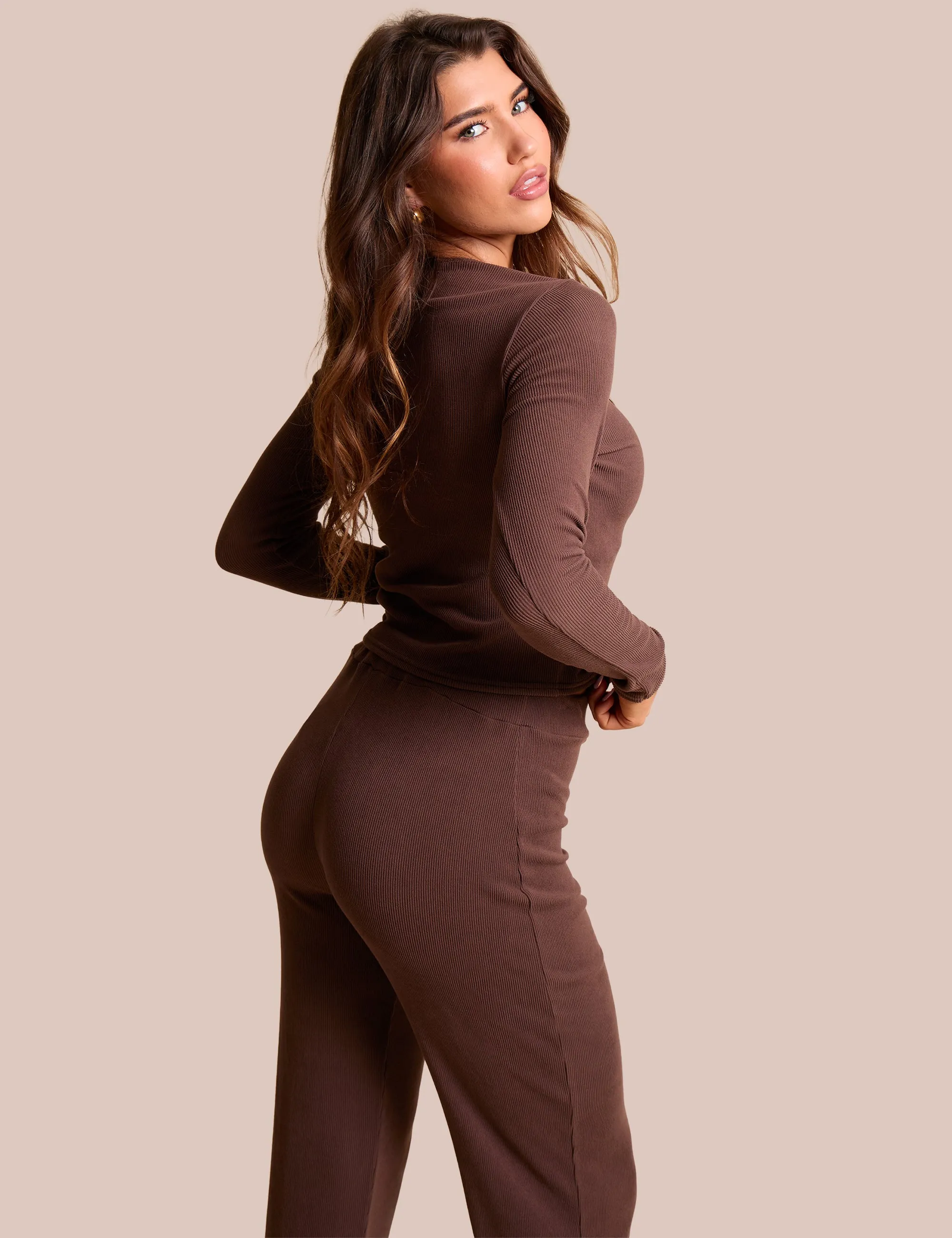 Rib Button Through Long Sleeve Top Chocolate sold by Public Desire product image thumbnail 4