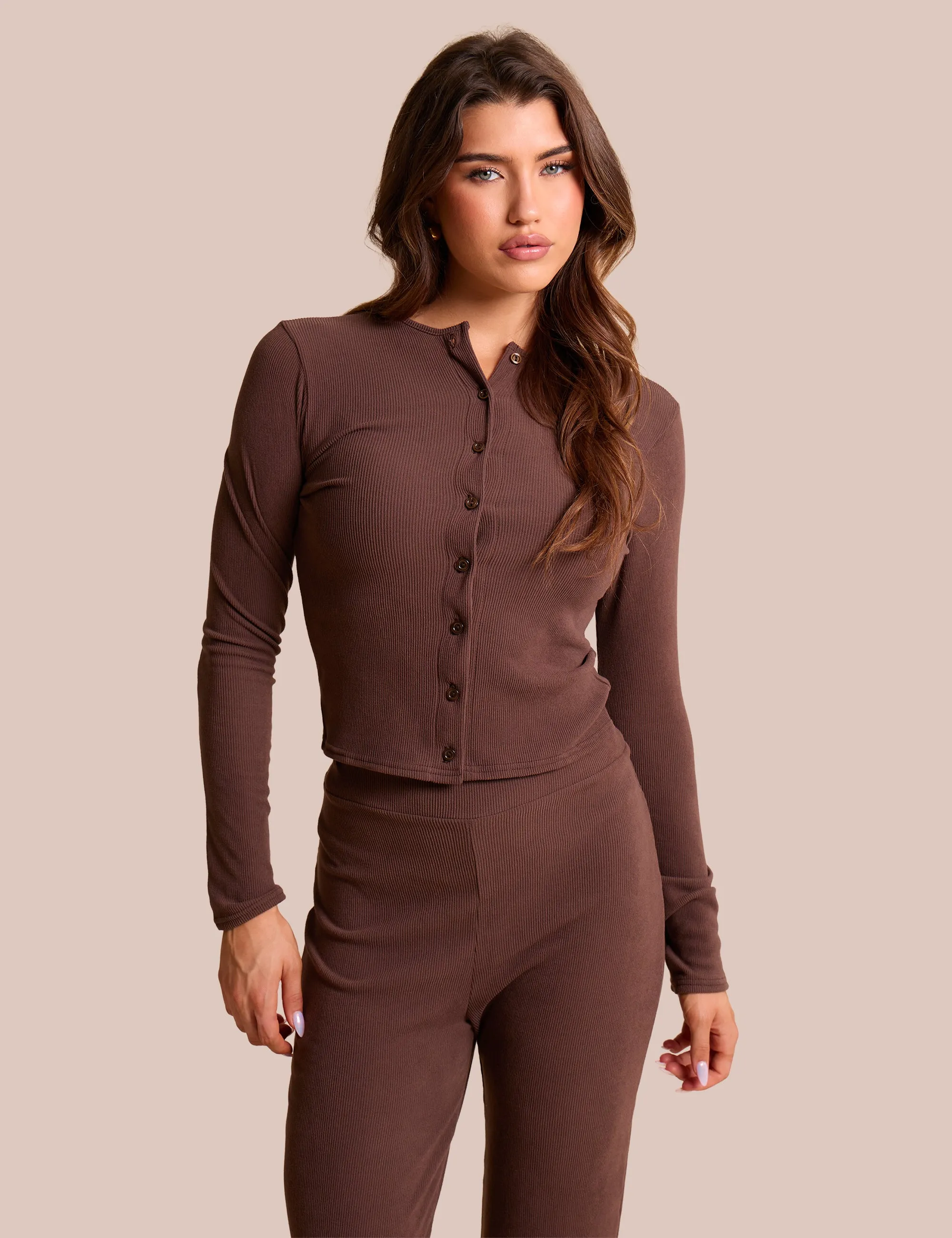 Rib Button Through Long Sleeve Top Chocolate sold by Public Desire
