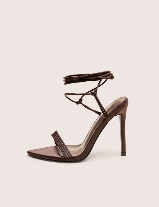 Merlot Brown Satin Lace Up Wrap Around Pointed Toe Stiletto Heels sold by Public Desire