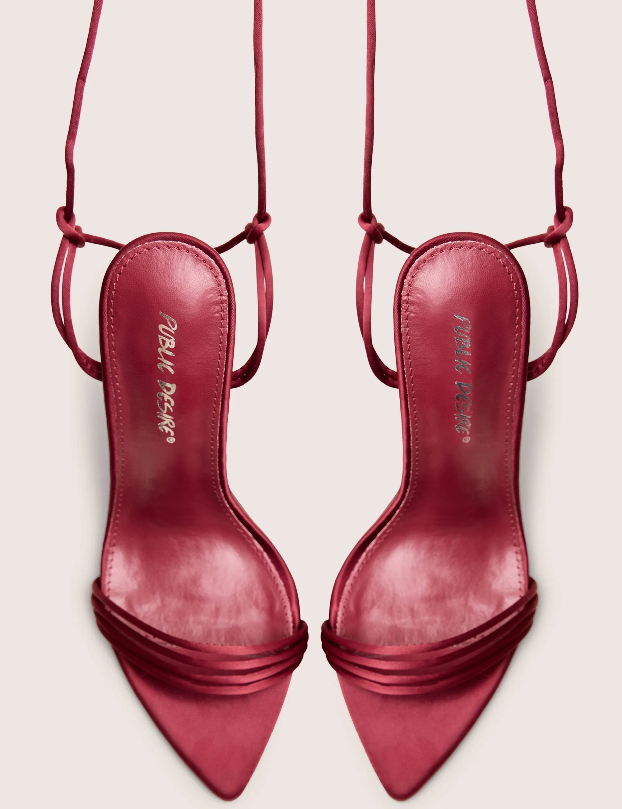 Merlot Burgundy Satin Lace Up Wrap Around Pointed Toe Stiletto Heels sold by Public Desire product image thumbnail 2