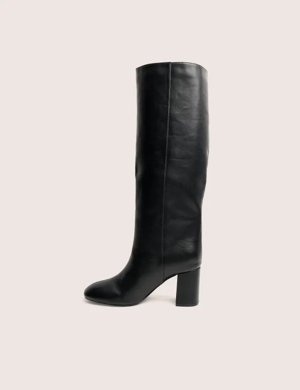 Maison Black Pu Knee High Block Heeled Boots sold by Public Desire