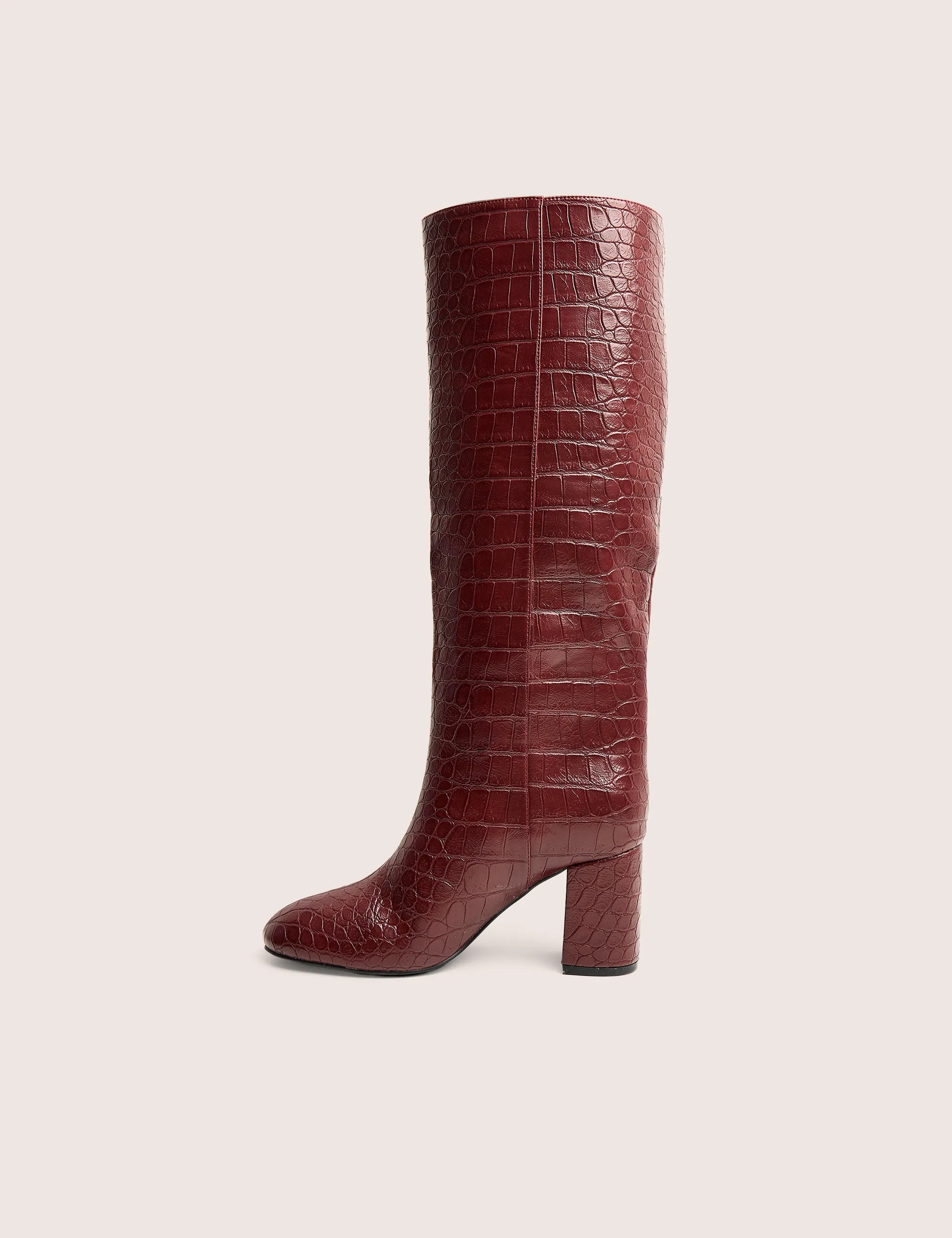 Maison Burgundy Croc Pu Knee High Block Heeled Boots sold by Public Desire
